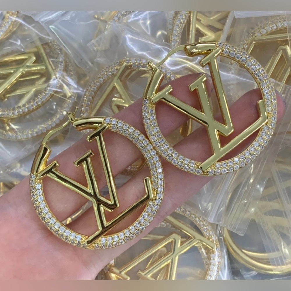 18kt Gold Plated Pave LV Monogram Hoop Earrings